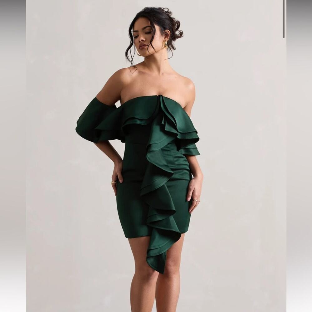Club L London Aspen Bottle Green Bardot Mini Dress w/ruffles - 8 - New with tags